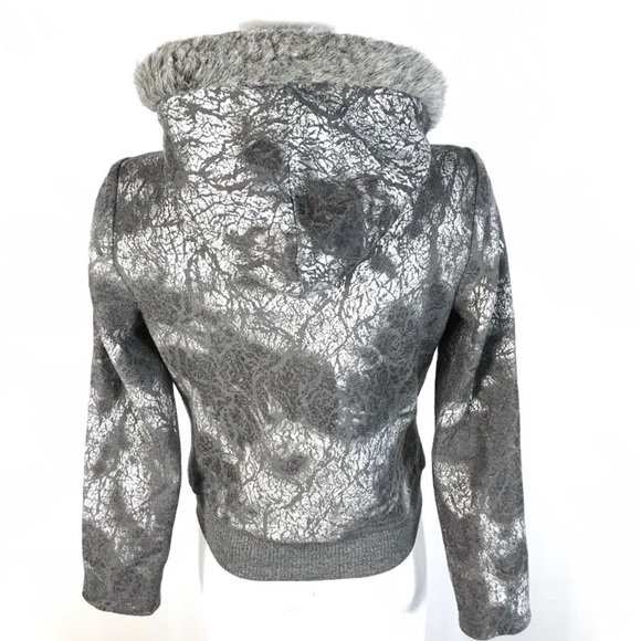 Joseph Ribkoff Grey/silver zipper Jacket with Faux Fur around hood size 4 - Picture 2 of 8